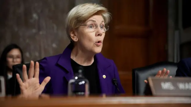 Warren gestures as she speaks