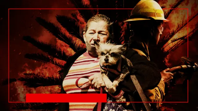 An edited photo showing a firefighter, and a woman wearing a face mask and carrying a dog