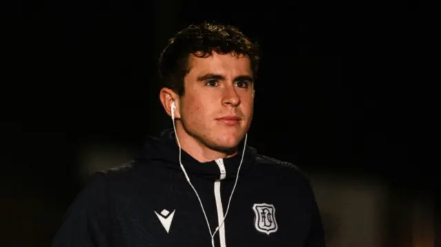 DUNDEE, SCOTLAND - JANUARY 14: Dundee's Finlay Robertson arrives during a William Hill Premiership match between Dundee and Celtic at the Scot Foam Stadium at Dens Park, on January 14, 2025, in Dundee, Scotland. (Photo by Craig Foy / SNS Group)