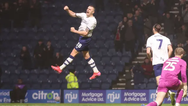 Preston's Milutin Osmajic jumps into the air after opening the scoring against Charlton