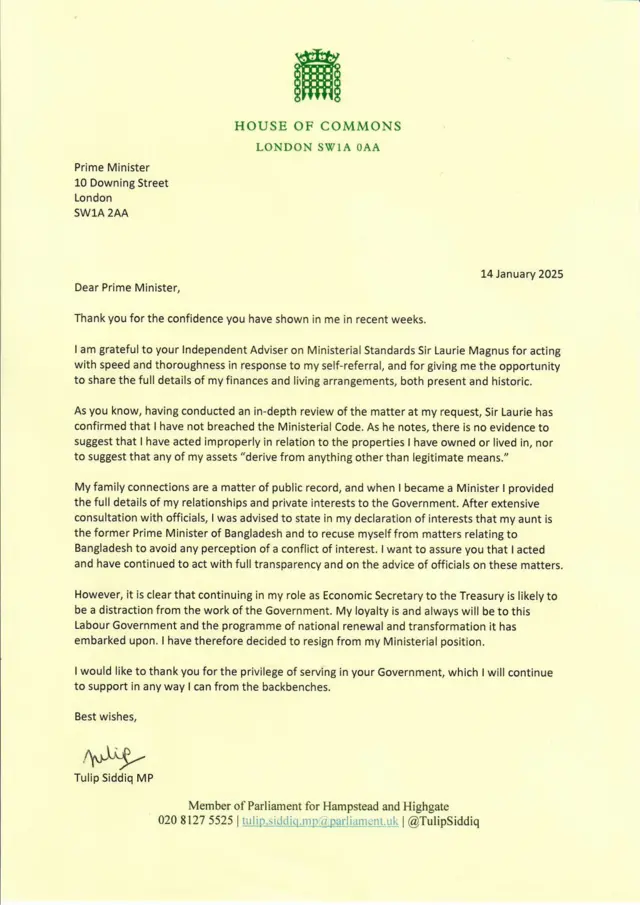 A screenshot of Tulip Siddiq's resignation letter to PM Keir Starmer - it is on yellow paper and has the logo of the House of Commons at the top