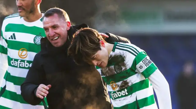 DINGWALL, SCOTLAND - JANUARY 11: Celtic Manager Brendan Rodgers and Celtic’s Kyogo Furuhashi during a William Hill Premiership match between Ross County and Celtic at the Global Energy Stadium, on January 11, 2025, in Dingwall, Scotland. (Photo by Craig Williamson / SNS Group)