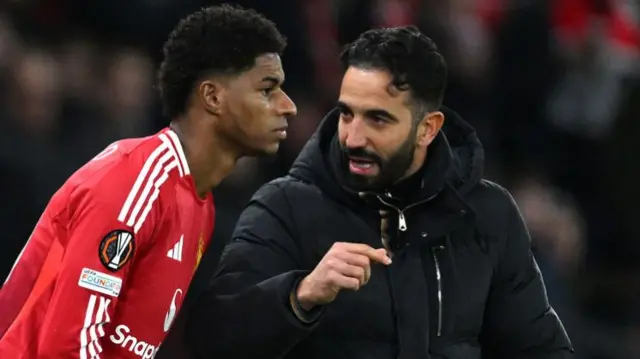 Manchester United striker Marcus Rashford and manager Ruben Amorim