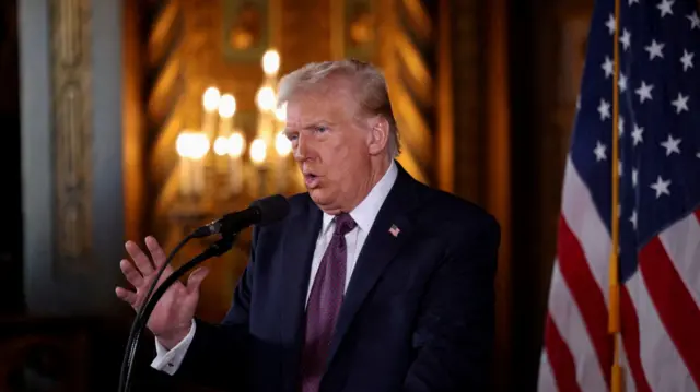 Trump, gesturing with his hands, speaks into a microphone and stands in front of an American flag