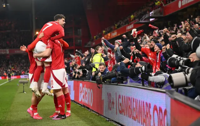 Nottingham Forest celebrate their goal against Liverpool