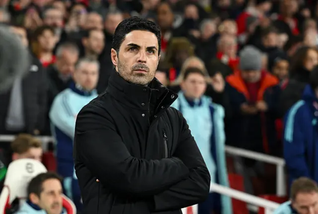 Mikel Arteta, Manager of Arsenal, looks on