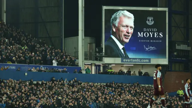 General view of an image of new Everton manager David Moyes before the match