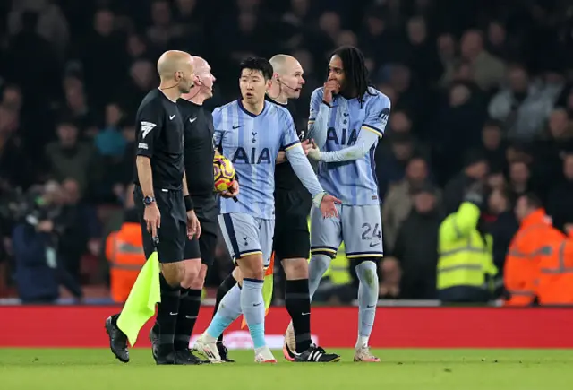 Son Heung-Min and Djed Spence of Tottenham Hotspur appeals to the officials