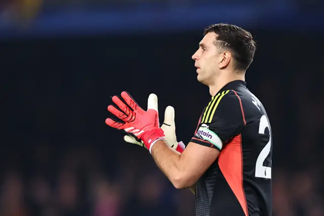 Emiliano Martinez of Aston Villa looks on