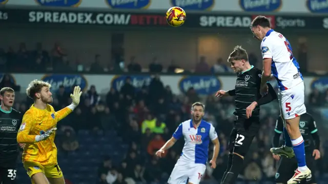 Dom Hyam heads goalbound for Blackburn against Portsmouth