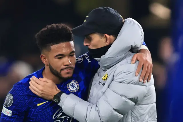 Thomas Tuchel hugging Reece James