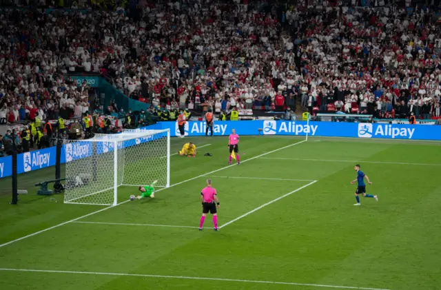 Jordan Pickford saving Jorginho's penalty in Euro 2020 final