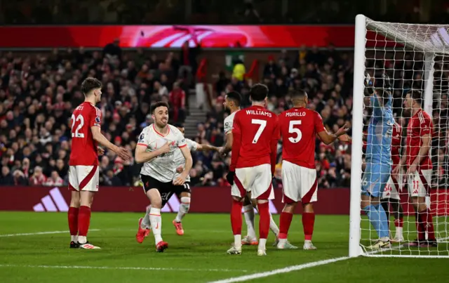 Diogo Jota celebrating his goal against Forest