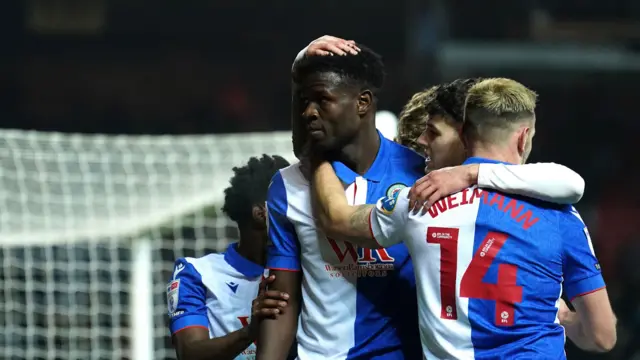 Blackburn celebrate Makhtar Gueye's goal against Portsmouth