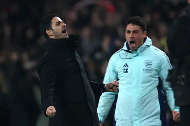 Mikel Arteta, Manager of Arsenal, celebrates