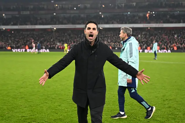 Mikel Arteta, Manager of Arsenal, celebrates at full-time