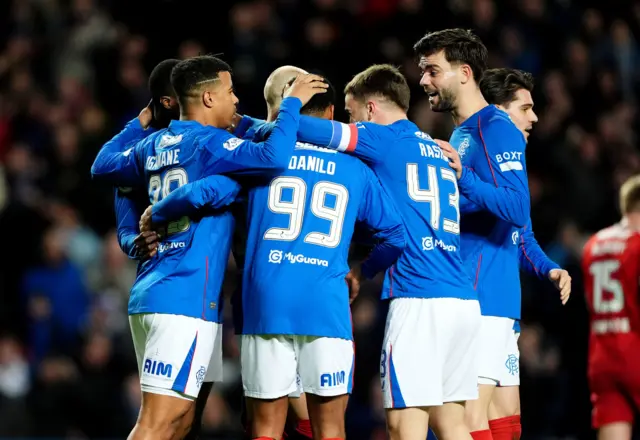 Rangers' Hamza Igamane celebrates scoring their side's first goal of the game during the William Hill Premiership match at Ibrox Stadium