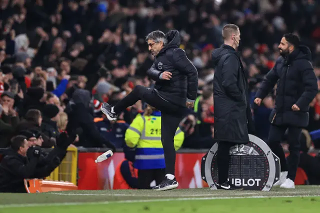 Southampton manager Ivan Juric kicks a water bottle