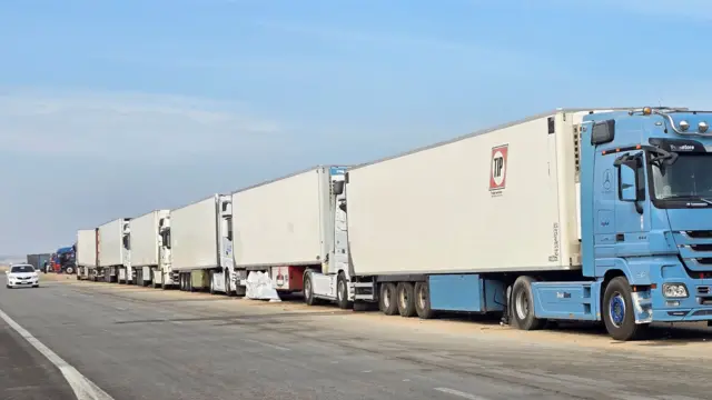 Six big white lotties in a queue on a road