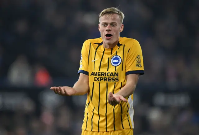 Jan Paul van Hecke of Brighton & Hove Albion reacts