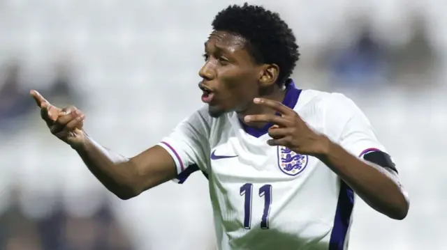 Jaden Philogene of England reacts during an U-21 international match between Spain and England