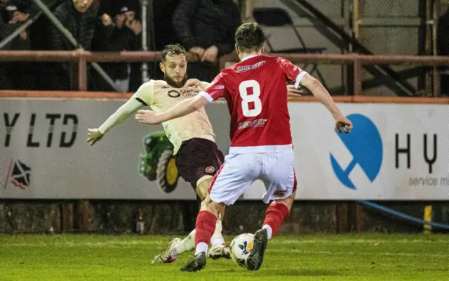 Hearts' Jorge Grant and Brechin's Fraser MacLeod in action during a Scottish Gas Men's Scottish Cup Fourth Round match between Brechin City and Heart of Midlothian at Glebe Park, on January 17, 2025, in Brechin, Scotland. (Photo by Paul Devlin / SNS Group)