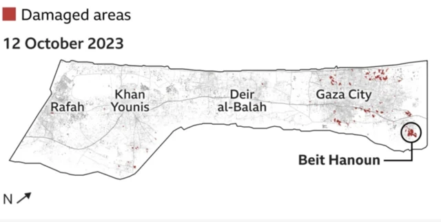 A map which shows some damage in Gaza City and to the south of Khan Younis on 12 October