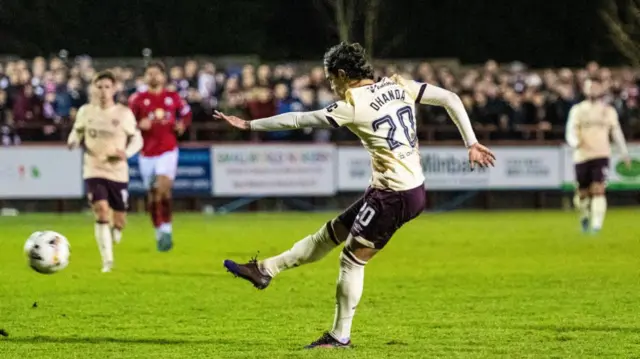 Hearts' Yan Dhanda scores to make it 1-1 during a Scottish Gas Men's Scottish Cup Fourth Round match between Brechin City and Heart of Midlothian at Glebe Park, on January 17, 2025, in Brechin, Scotland. (Photo by Paul Devlin / SNS Group)