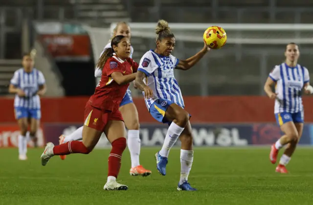 Liverpool's Olivia Smith in action with Brighton & Hove Albion's Jorelyn Carabali