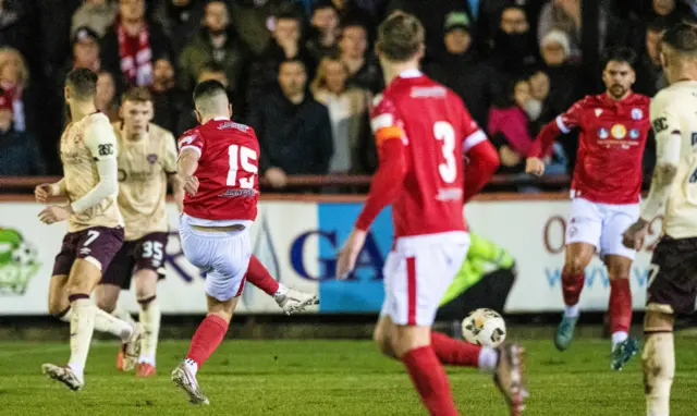 Brechin's Scott Bright scores to make it 1-0 during a Scottish Gas Men's Scottish Cup Fourth Round match between Brechin City and Heart of Midlothian at Glebe Park, on January 17, 2025, in Brechin, Scotland. (Photo by Paul Devlin / SNS Group)