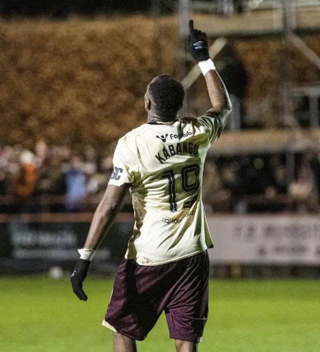 Hearts' Elton Kabangu celebrates as he scores to make it 3-1 during a Scottish Gas Men's Scottish Cup Fourth Round match between Brechin City and Heart of Midlothian at Glebe Park, on January 17, 2025, in Brechin, Scotland. (Photo by Paul Devlin / SNS Group)