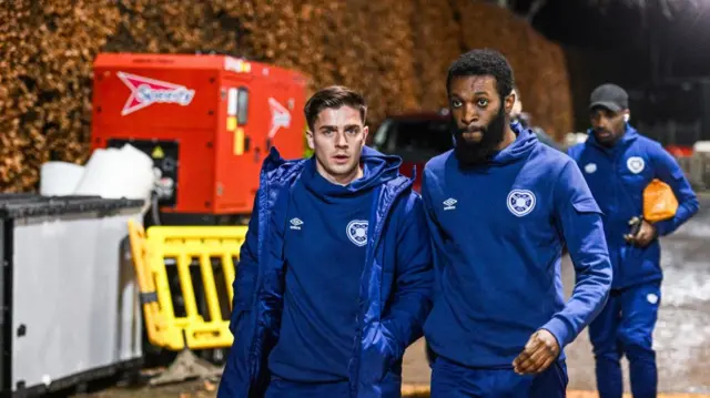 Hearts' Cammy Devlin (L) and Beni Baningime (R) during a Scottish Gas Men's Scottish Cup Fourth Round match between Brechin City and Heart of Midlothian at Glebe Park, on January 17, 2025, in Brechin, Scotland. (Photo by Paul Devlin / SNS Group)