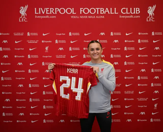 Sam Kerr holding up a Liverpool shirt