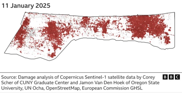 A map which shows significant damage through red dots across Gaza from 11 January