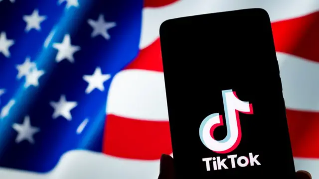 The TikTok app and logo are seen on a mobile device in this illustration photo. The American flag is in the background.