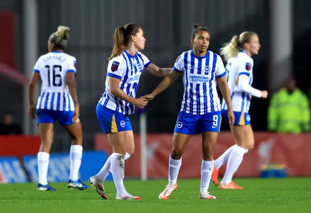 Nikita Parris of Brighton & Hove Albion celebrates with teammate Marisa Olislagers after scoring