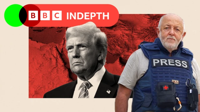 A montage image: Includes black and white image of Trump and a red map. On the right is Jeremy Bowen in a blue press vest.