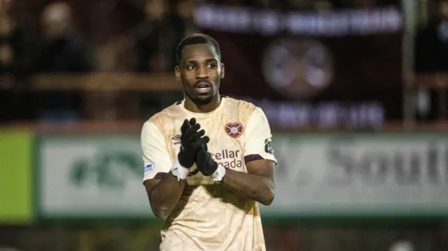 Hearts' Elton Kabangu at full time during a Scottish Gas Men's Scottish Cup Fourth Round match between Brechin City and Heart of Midlothian at Glebe Park, on January 17, 2025, in Brechin, Scotland. (Photo by Paul Devlin / SNS Group)