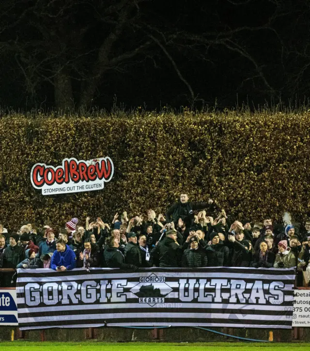 The famous hedge with the Hearts fans during a Scottish Gas Men's Scottish Cup Fourth Round match between Brechin City and Heart of Midlothian at Glebe Park, on January 17, 2025, in Brechin, Scotland. (Photo by Paul Devlin / SNS Group)