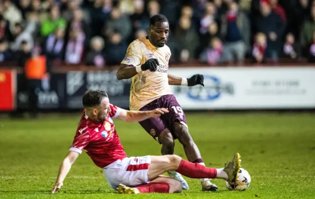 Hearts' Elton Kabangu and Brechin's Brad McKay in action during a Scottish Gas Men's Scottish Cup Fourth Round match between Brechin City and Heart of Midlothian at Glebe Park, on January 17, 2025, in Brechin, Scotland. (Photo by Paul Devlin / SNS Group)