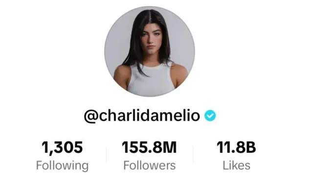 The TikTok profile of Charli D'amelio, showing she has 155.8m followers and 11.8bn likes