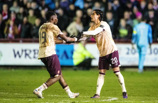 Hearts' Yan Dhanda celebrates with Elton Kabangu (L) as he scores to make it 1-1 during a Scottish Gas Men's Scottish Cup Fourth Round match between Brechin City and Heart of Midlothian at Glebe Park, on January 17, 2025, in Brechin, Scotland. (Photo by Paul Devlin / SNS Group)