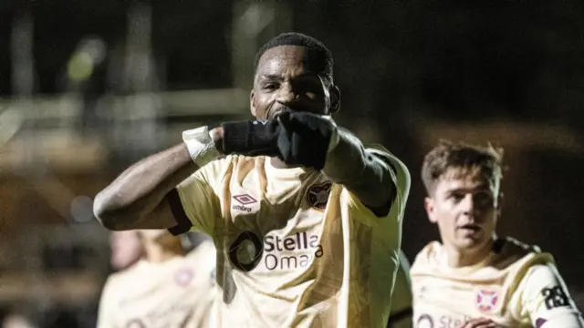 Hearts' Elton Kabangu celebrates as he scores to make it 3-1 during a Scottish Gas Men's Scottish Cup Fourth Round match between Brechin City and Heart of Midlothian at Glebe Park, on January 17, 2025, in Brechin, Scotland. (Photo by Paul Devlin / SNS Group)