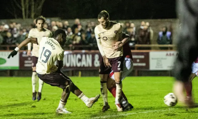 Hearts' Elton Kabangu scores to make it 3-1 during a Scottish Gas Men's Scottish Cup Fourth Round match between Brechin City and Heart of Midlothian at Glebe Park, on January 17, 2025, in Brechin, Scotland. (Photo by Paul Devlin / SNS Group)