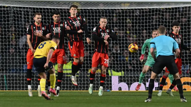 Cameron Brannagan sends his free-kick into the corner of the Blackburn net