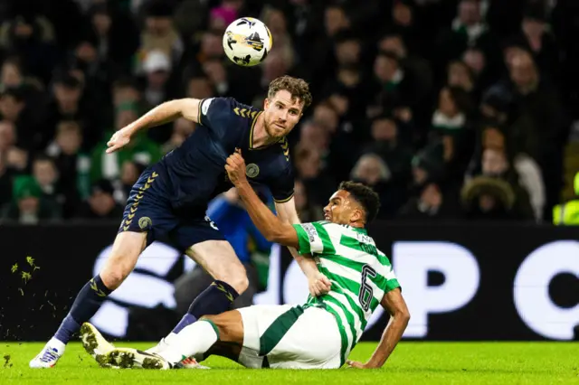 Kilmarnock's Marley Watkins and Celtic's Auston Trusty in action during a Scottish Gas Men's Scottish Cup Fourth Round match between Celtic and Kilmarnock at Celtic Park, on January 18, 2025, in Glasgow, Scotland. (Photo by Craig Foy / SNS Group)