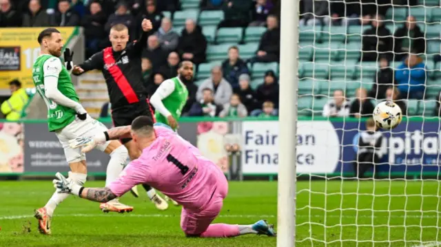 Hibernian's martin Boyle scores to make it 1-0 during a Scottish Gas Men's Scottish Cup Fourth Round match between Hibernian and Clydebank at Easter Road, on January 18, 2025, in Edinburgh, Scotland. (Photo by Rob Casey / SNS Group)