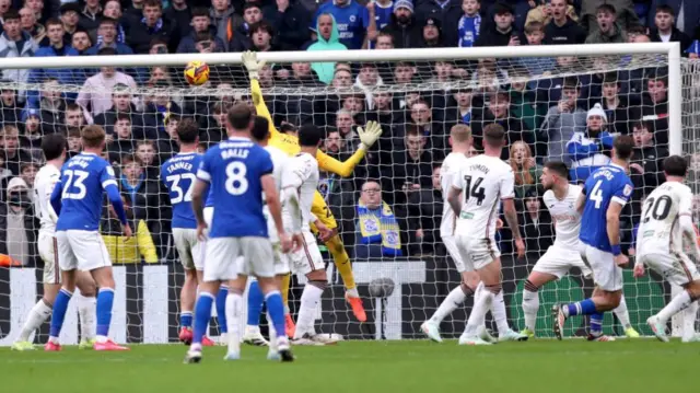 Dimitrios Goutas heads Cardiff into a 3-0 lead over Swansea