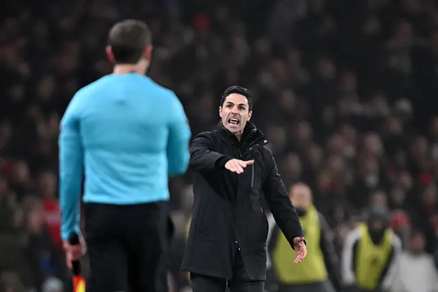 Mikel Arteta, Manager of Arsenal, reacts