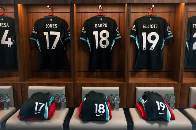 A general view as the shirts of Curtis Jones, Cody Gakpo and Harvey Elliott